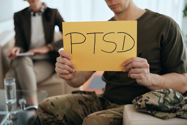 Military person in PTSD therapy session