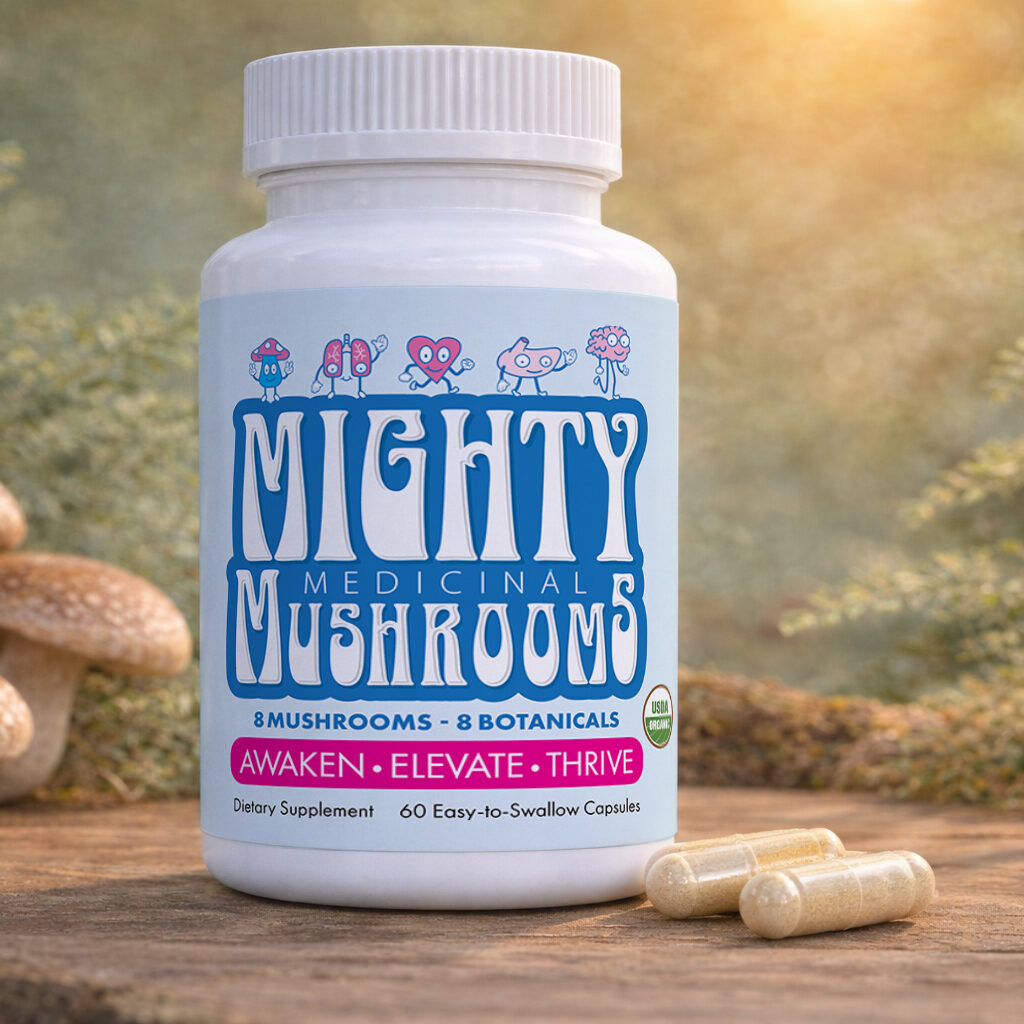 Mighty Medicinal Mushrooms Label back Mockup Front Bottle